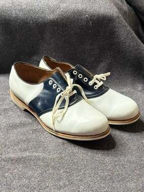 Vintage Crane Leather Saddle Shoes White Navy Blue Size 8.5 EEE Rockabilly